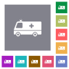 Flashing ambulance car side view flat icons on simple color square backgrounds - Flashing ambulance car side view square flat icons