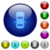 Car open rear doors dashboard indicator dark push buttons with color icons icons on round glass buttons in multiple colors. Arranged layer structure - Car open rear doors dashboard indicator dark push buttons with color icons color glass buttons