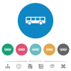 Bus side view flat white icons on round color backgrounds. 6 bonus icons included. - Bus side view flat round icons