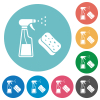 Spray bottle and sponge flat white icons on round color backgrounds - Spray bottle and sponge flat round icons