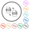 GIF PPT file conversion flat icons with outlines - GIF PPT file conversion flat color icons in round outlines on white background