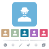 Spy with mustache avatar white flat icons on color rounded square backgrounds. 6 bonus icons included