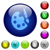 Paint kit solid icons on round glass buttons in multiple colors. Arranged layer structure