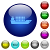 Freighter icons on round glass buttons in multiple colors. Arranged layer structure