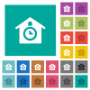 Cuckoo clock solid multi colored flat icons on plain square backgrounds. Included white and darker icon variations for hover or active effects.