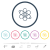 Physics flat color icons in round outlines. 6 bonus icons included.