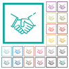Handshake outline flat color icons with quadrant frames on white background