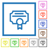 Credential outline flat color icons in square frames on white background