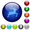 Deer side view solid icons on round glass buttons in multiple colors. Arranged layer structure - Deer side view solid color glass buttons