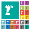 Cordless drill multi colored flat icons on plain square backgrounds. Included white and darker icon variations for hover or active effects. - Cordless drill square flat multi colored icons