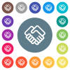 Handshake outline flat white icons on round color backgrounds. 17 background color variations are included.