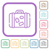 Retro baggage with travel stickers outline simple icons in color rounded square frames on white background - Retro baggage with travel stickers outline simple icons