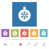 Christmas ball with snowflake flat white icons in square backgrounds - Christmas ball with snowflake flat white icons in square backgrounds. 6 bonus icons included.