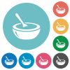 Glossy bowl of soup with spoon flat round icons - Glossy bowl of soup with spoon flat white icons on round color backgrounds