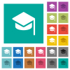 Graduation hat solid multi colored flat icons on plain square backgrounds. Included white and darker icon variations for hover or active effects. - Graduation hat solid square flat multi colored icons