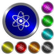 Atom symbol icons on round luminous coin-like color steel buttons - Atom symbol luminous coin-like round color buttons