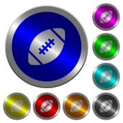 Rugby ball icons on round luminous coin-like color steel buttons - Rugby ball luminous coin-like round color buttons