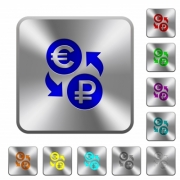 Euro Ruble money exchange engraved icons on rounded square glossy steel buttons - Euro Ruble money exchange rounded square steel buttons