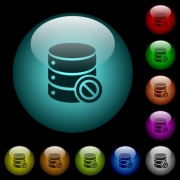 Disabled database icons in color illuminated spherical glass buttons on black background. Can be used to black or dark templates