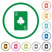 five of clubs card flat color icons in round outlines on white background