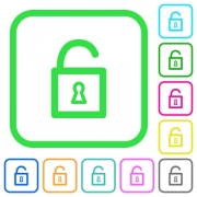 Unlocked padlock with keyhole vivid colored flat icons in curved borders on white background