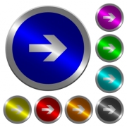 Right arrow icons on round luminous coin-like color steel buttons