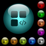 Component programming icons in color illuminated spherical glass buttons on black background. Can be used to black or dark templates