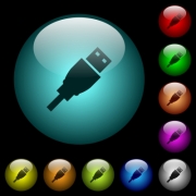 USB plug icons in color illuminated spherical glass buttons on black background. Can be used to black or dark templates