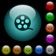 Movie roll icons in color illuminated spherical glass buttons on black background. Can be used to black or dark templates - Movie roll icons in color illuminated glass buttons