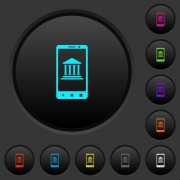 Mobile banking dark push buttons with vivid color icons on dark grey background - Mobile banking dark push buttons with color icons