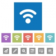 Radio signal flat white icons in square backgrounds. 6 bonus icons included.