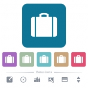 Suitcase white flat icons on color rounded square backgrounds. 6 bonus icons included