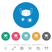 Medical mask and corona viruses flat white icons on round color backgrounds. 6 bonus icons included. - Medical mask and corona viruses flat round icons