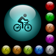 Bicycle with rider icons in color illuminated spherical glass buttons on black background. Can be used to black or dark templates