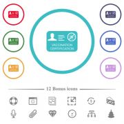 Vaccination certification flat color icons in circle shape outlines. 12 bonus icons included. - Vaccination certification flat color icons in circle shape outlines