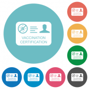 Vaccination certification flat white icons on round color backgrounds - Vaccination certification flat round icons