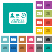 Vaccination certification multi colored flat icons on plain square backgrounds. Included white and darker icon variations for hover or active effects. - Vaccination certification square flat multi colored icons