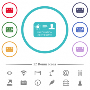 Vaccination certificate flat color icons in circle shape outlines. 12 bonus icons included. - Vaccination certificate flat color icons in circle shape outlines