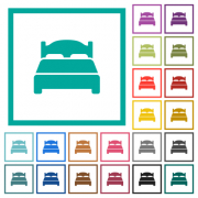 Double bed flat color icons with quadrant frames on white background