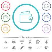 Single wallet outline flat color icons in circle shape outlines. 12 bonus icons included. - Single wallet outline flat color icons in circle shape outlines - Large thumbnail