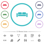 Sofa flat color icons in circle shape outlines. 12 bonus icons included. - Sofa flat color icons in circle shape outlines - Large thumbnail