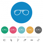 Glasses with glosses flat white icons on round color backgrounds. 6 bonus icons included.