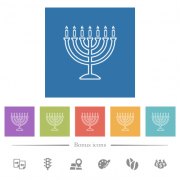 Menorah with burning candles outline flat white icons in square backgrounds. 6 bonus icons included.