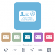 Vaccination certification white flat icons on color rounded square backgrounds. 6 bonus icons included - Vaccination certification flat icons on color rounded square backgrounds