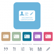 Vaccination certification white flat icons on color rounded square backgrounds. 6 bonus icons included - Vaccination certification flat icons on color rounded square backgrounds