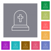 Tombstone with cross outline flat icons on simple color square backgrounds - Tombstone with cross outline square flat icons