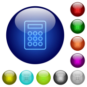 Calculator outline icons on round glass buttons in multiple colors. Arranged layer structure