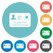 Vaccination certification flat white icons on round color backgrounds - Vaccination certification flat round icons