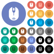 Wireless computer mouse multi colored flat icons on round backgrounds. Included white, light and dark icon variations for hover and active status effects, and bonus shades.