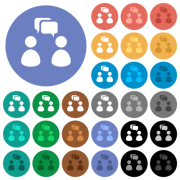 Two talking persons with rounded square bubbles solid multi colored flat icons on round backgrounds. Included white, light and dark icon variations for hover and active status effects, and bonus shades.